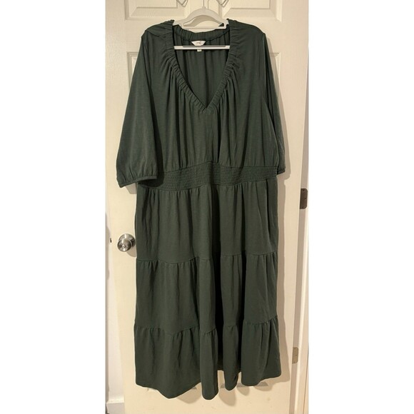 Terra & Sky Knit Peasant Maxi Dress Plus Size 4X Pockets Stretch Dark Green - Picture 1 of 5